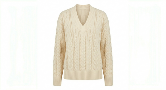 Preppy Style Cream V-Neck Jumper with Intricate Cables